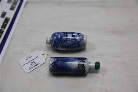 Two Chinese blue and white porcelain snuff bottles, 1860-1908, 8.2cm. and 8cm.
